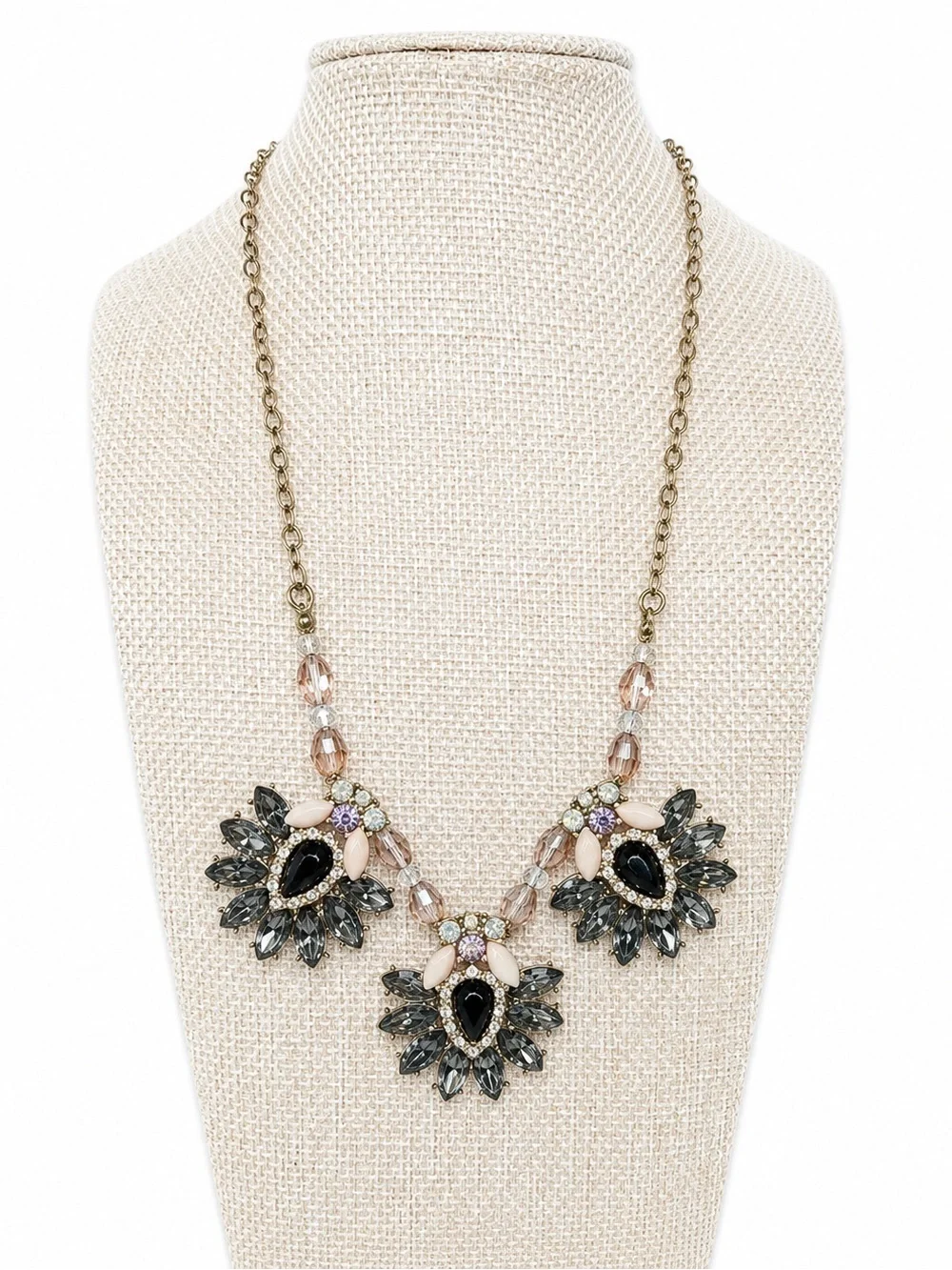 Vintage Style Blue Crystal Statement Bib Necklace Pink Beaded Floral Rhinestone